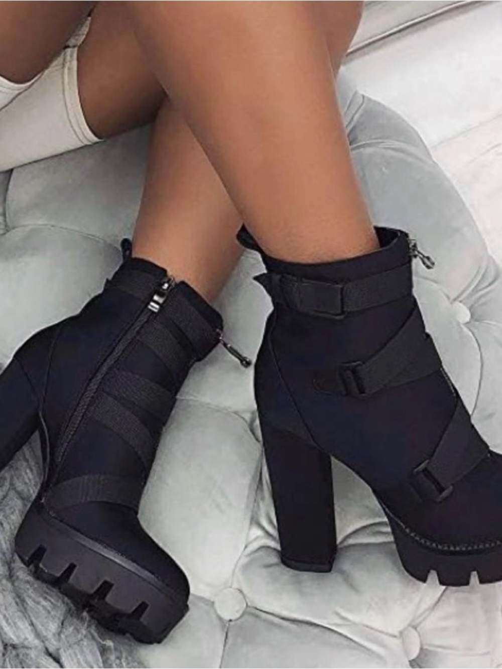 Black Chunky Strap Ankle Boots - Women Shoes